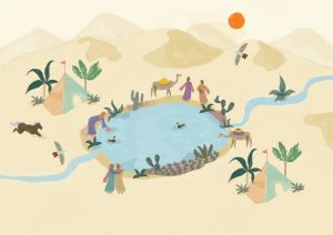 Illustration by Radhika Gupta showing a water harvesting bassin, in the middle of the Jordan desert. Groups of people and animal gathering around