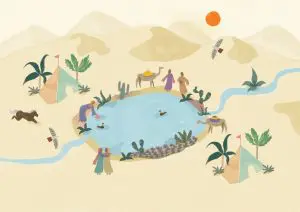 Illustration by Radhika Gupta showing a water harvesting bassin, in the middle of the Jordan desert.