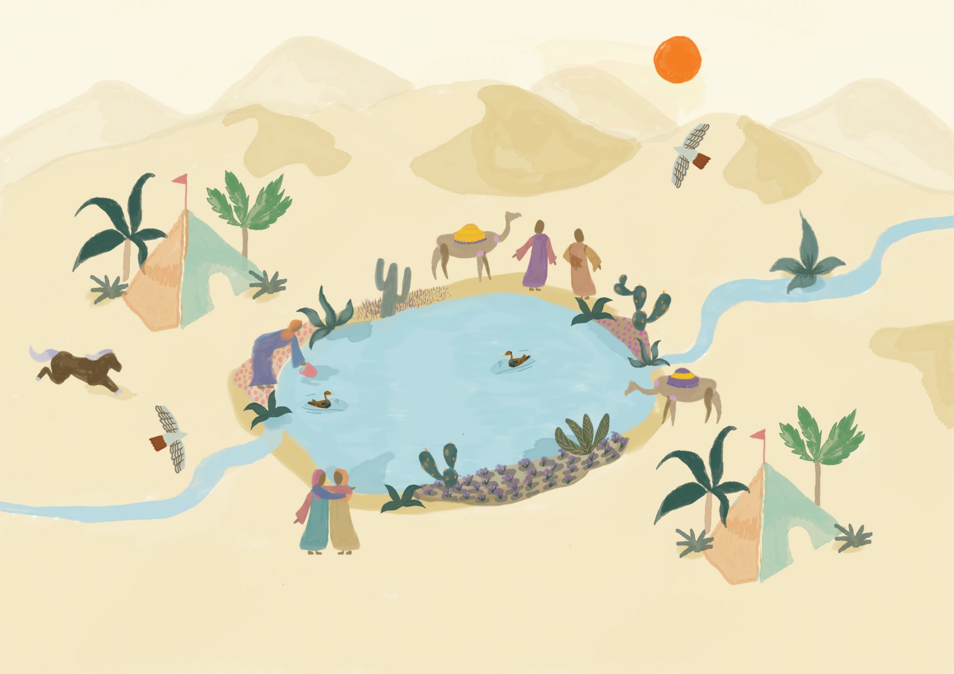 Illustration by Radhika Gupta showing a water harvesting bassin, in the middle of the Jordan desert. Groups of people and animal gathering around