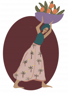 An illustration of a woman carrying a fruit basket