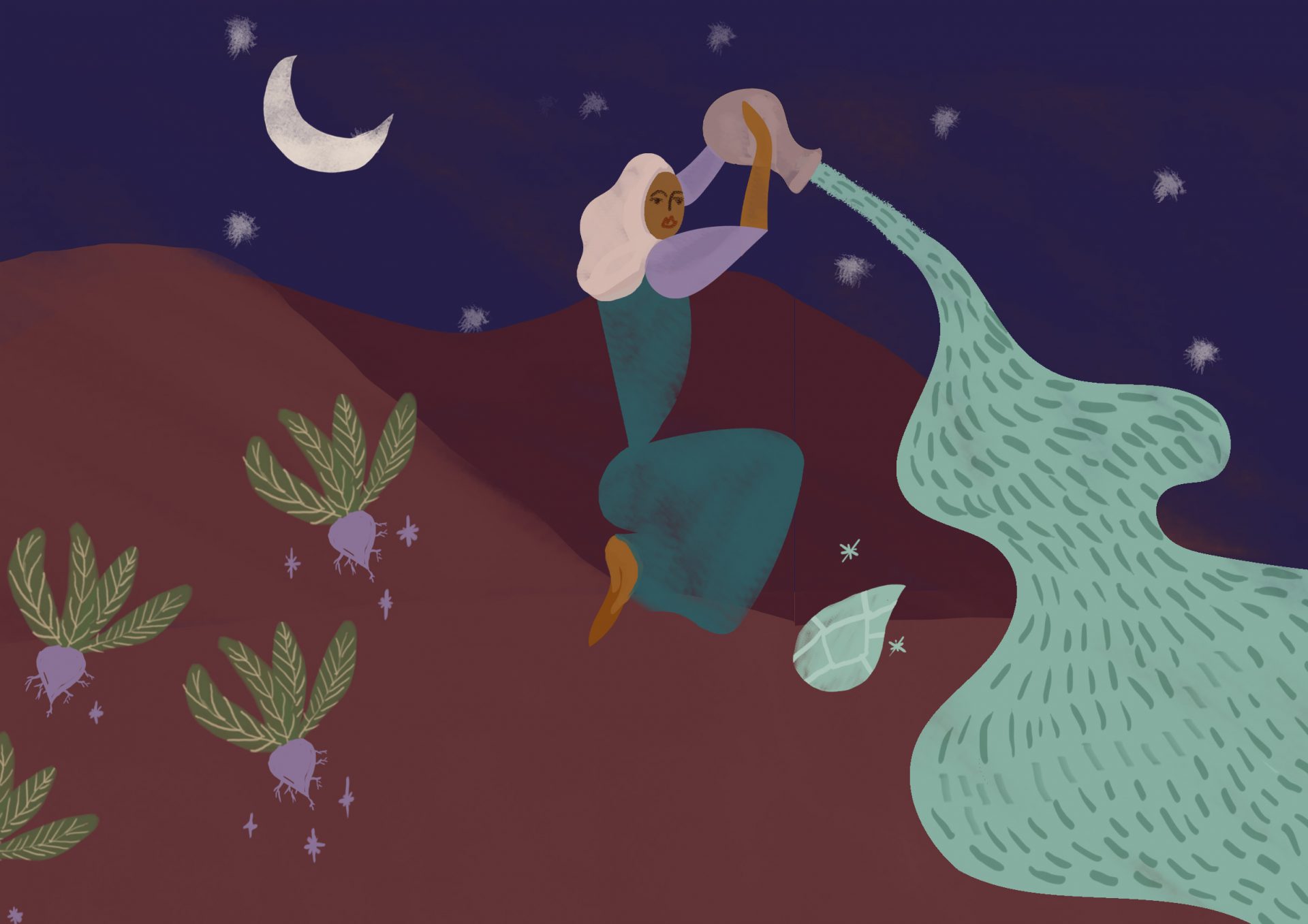 Illustration of woman pouring water from a cup against a half moon and starry night