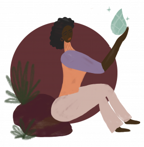 Illustration of a woman sitting on a rock, holding a drop of water that sparkles like a diamond