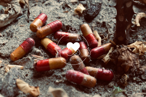 Red and golden pills thrown over wet muddy ground, overlayed with a graphic of the interconnections of AMR