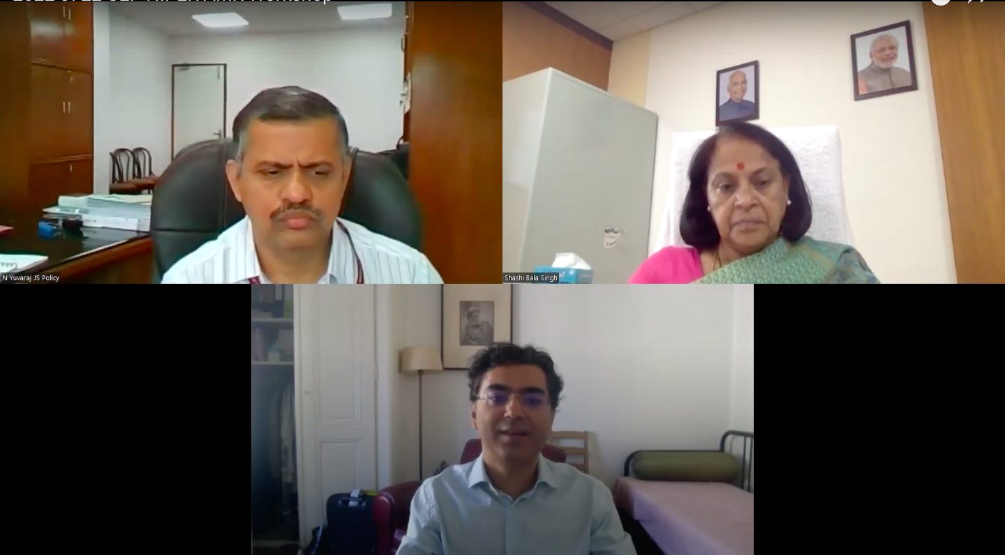 Screen grab of online workshop showing three participants