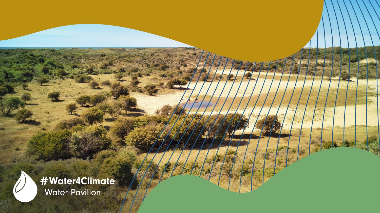 Aerial panoramic view of the Savanna landscape with view to the sea. With Water Pavilion colours and logo