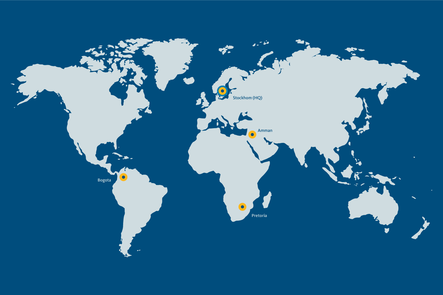 World map with pins marking SIWI's four offices: In Stockholm (HQ), Pretoria, Bogotá, Amman.