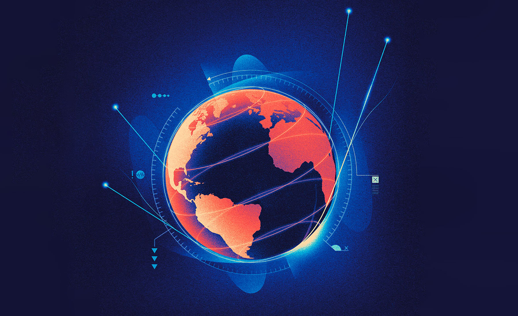 Cover of the Global Risk Report 2023 - Planet Earth with red continents, diagrams, lines and icons floating around. On dark blue background