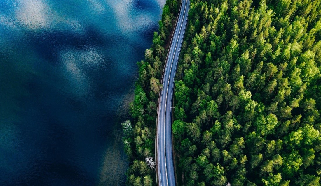 Bird's eyeview of a road in the middle of a forest, and body of water on the left side.