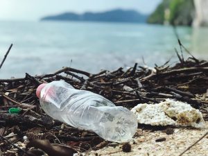 Close-Up Photo of Plastic Bottle on a sandy beach with blurred ocean in the background