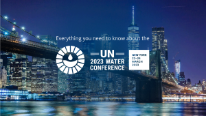 Skyline of New York city with UN 2023 Water Conference logo on the top