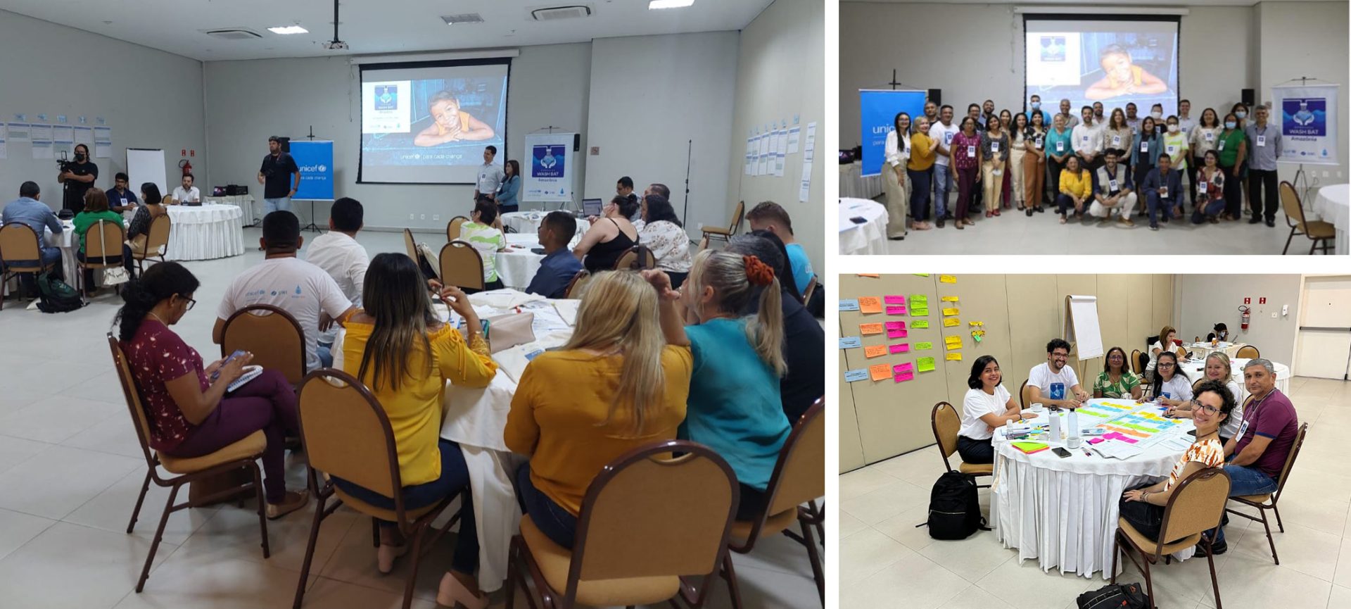 Three images of the workshop participants sitting around tables, listening to presentations and doing group work.