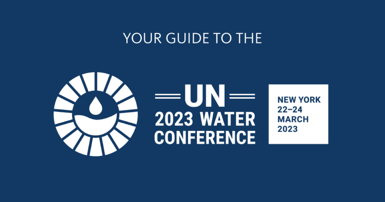 Your guide to the UN 2023 Water Conference (white text and logo on dark blue background)