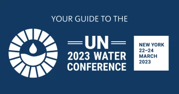 Your guide to the UN 2023 Water Conference (white text and logo on dark blue background)