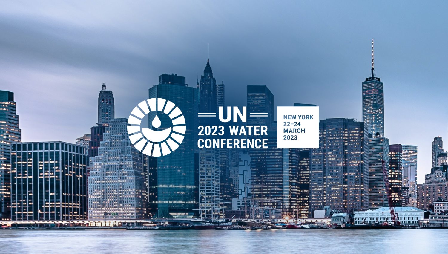 New York City skyline over the water. With the logo of the UN 2023 Water Conference on top.