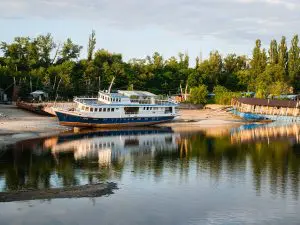 Zaporizhzhia, Ukraine - June 16, 2023: Shallowing of the Dnieper River due to the destruction of the