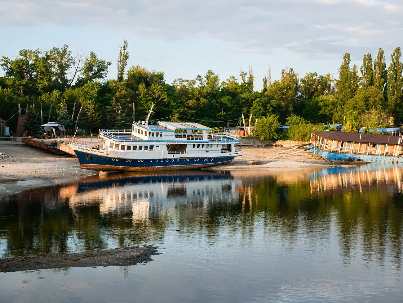 Zaporizhzhia, Ukraine - June 16, 2023: Shallowing of the Dnieper River due to the destruction of the