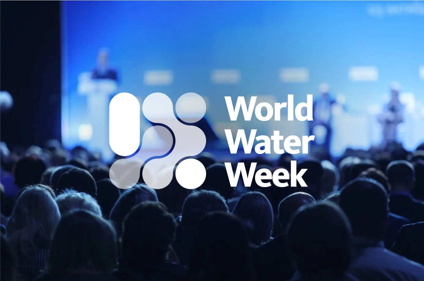 Crowd seen from the back with people speaking on stage, blurred in the background. World Water Week logo on top of the image