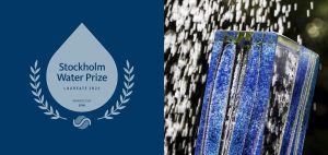 Close up of the prestigious blue glass Stockholm Water Prize.