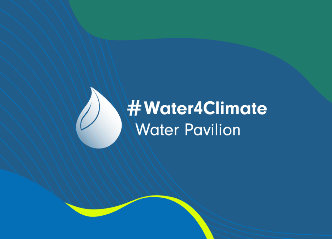 Water for CLimate Pavilion logo on a blue background with blue and green waves