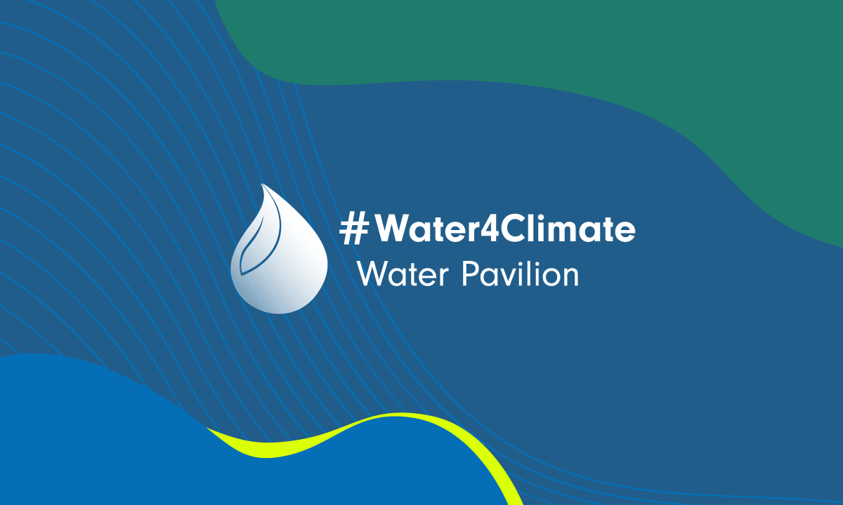 Water for CLimate Pavilion logo on a blue background with blue and green waves