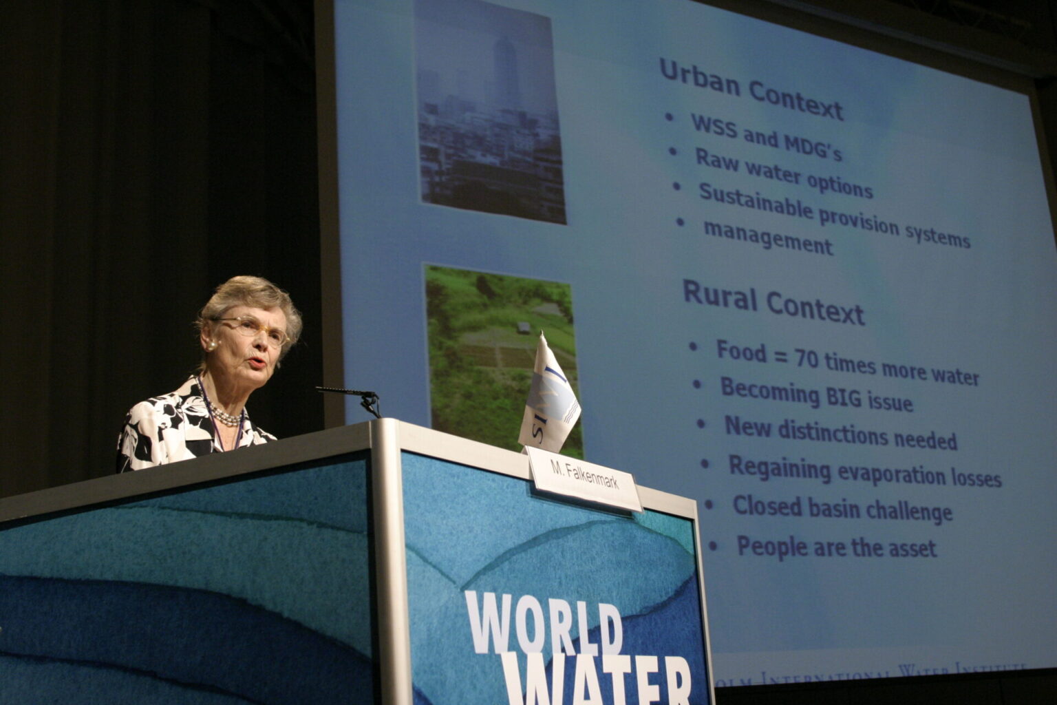 Malin Falkenmark giving a talk at World Water Week 2013