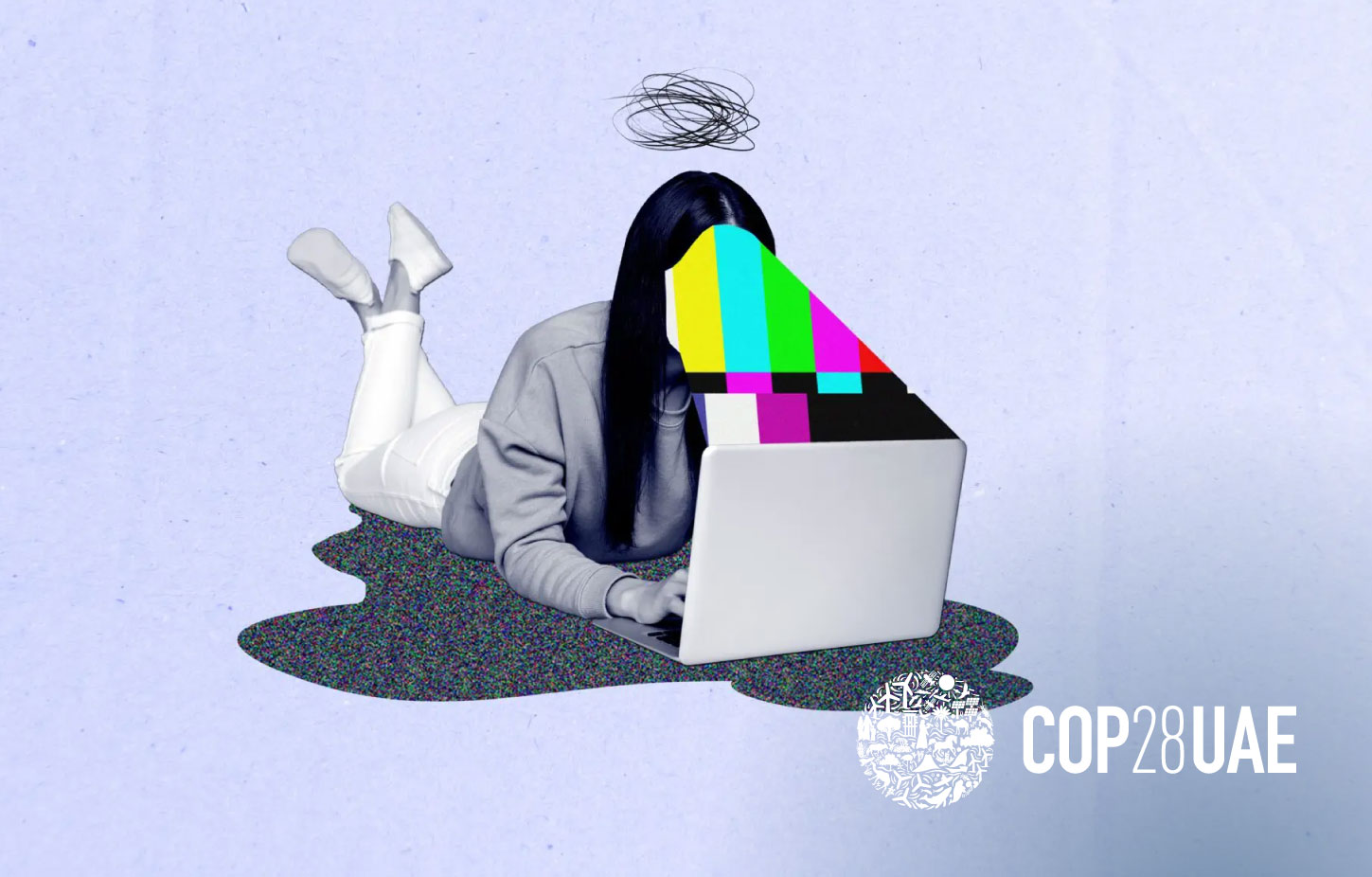 Collage of a woman lying down in front of a laptop, her face covered with television colours.