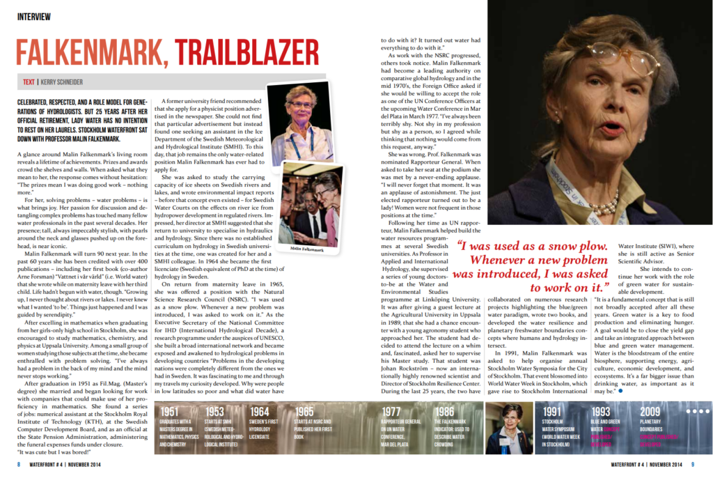 Screenshot of the double-page of Malin Falkenmark's interview in the Waterfront magazine, in 2014
