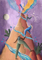 Illustration by Radhika Gupta showing 4 women climbing a mountain with a flow of water surrounding t