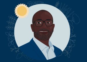 Digital illustration of Kasonde Mulenga, by Cecile Pillon Hue in a circle - with outlines of plants and clouds around